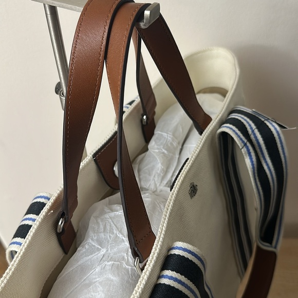 Lauren Lora Canvas Leather Off White Nautical Striped Snap Close Tote